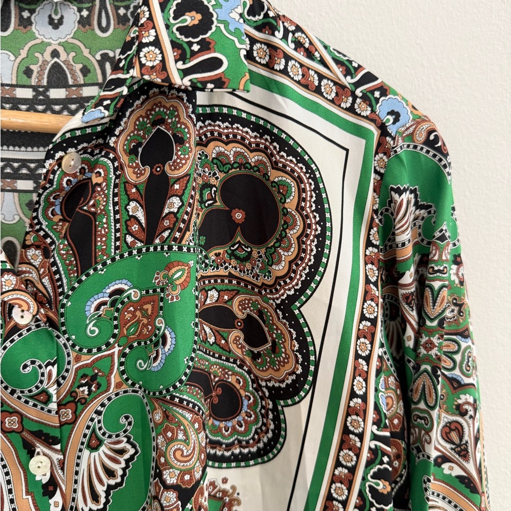 Zara Green Paisley Shirt Button Down Scarf Print Blouse Luxe Boho luxury | M - Picture 2 of 12